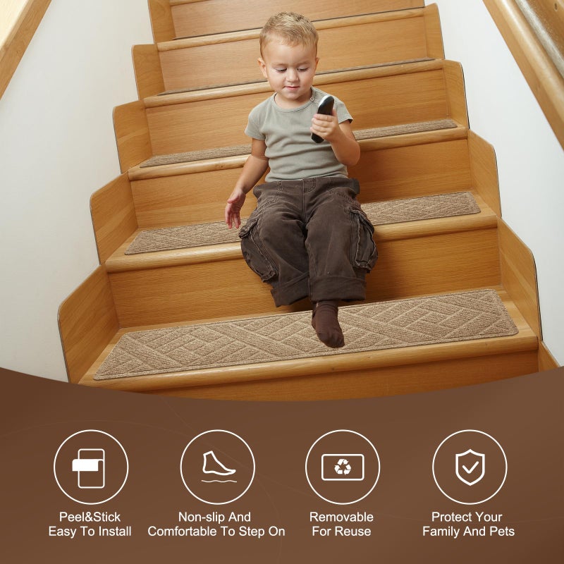 OXKVPVF 15 Pack 8 "X 30" Non-Slip Carpet Stair Treads for Indoor Wooden Steps, Made of Polyester and Reusable Adhesive, Suitable for Kids Elders and Petsï¼ˆBeige Linesï¼‰ - Image 2