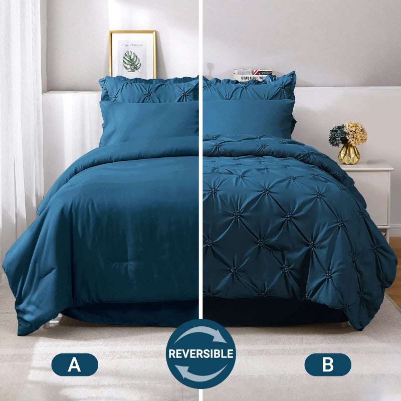 جولي فوغ Jolllyvogue Teal الحجم الكامل الحجم مجموعة 7 قطع سرير pintuck في حقيبة المعزي مجموعة لمادة الفراش غرفة نوم مع أوراق المعززة - Image 2