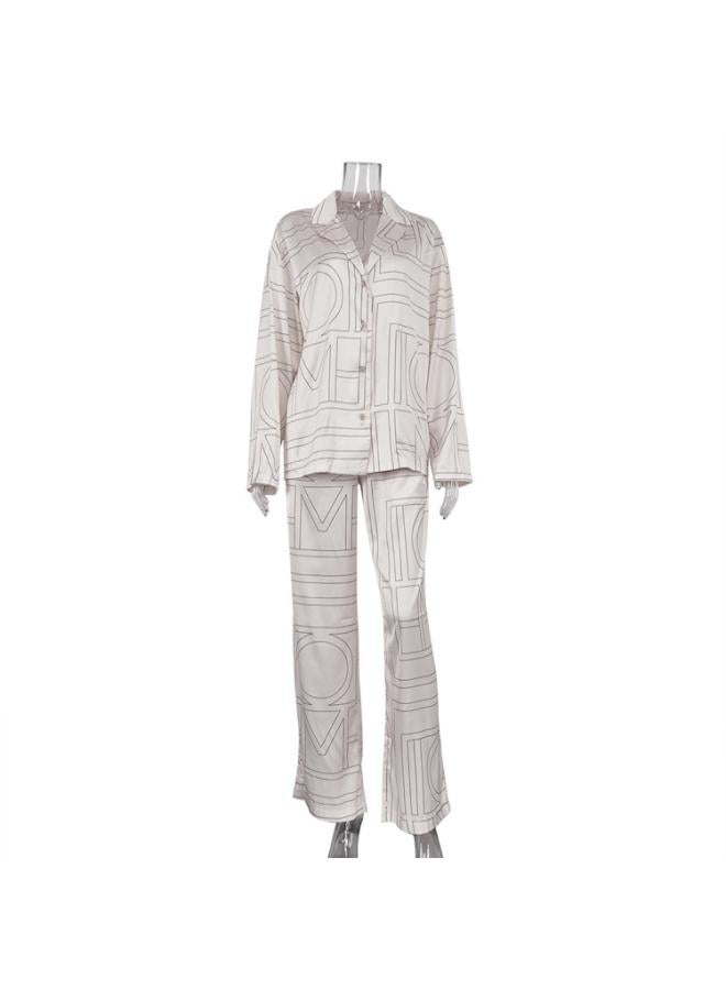 European And American New Autumn Letter Print Satin Long Sleeve Lapel Shirt Elastic Trousers Casual Suit Women's Clothing