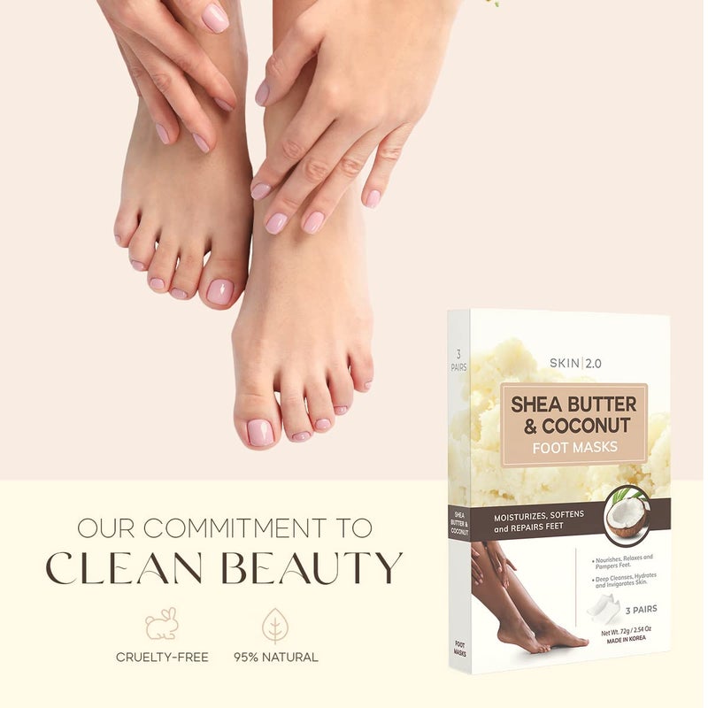 Skin 2.0 Shea Butter & Coconut Foot Masks - Softens Calluses, Treats Cracked Heels, Soothing & Hydrating - Dermatologist Tested Korean Skincare - Clean Beauty, Cruelty-Free, All Skin Types - 3 Pairs - Image 3