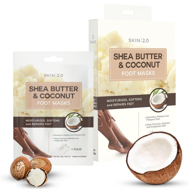 Skin 2.0 Shea Butter & Coconut Foot Masks - Softens Calluses, Treats Cracked Heels, Soothing & Hydrating - Dermatologist Tested Korean Skincare - Clean Beauty, Cruelty-Free, All Skin Types - 3 Pairs - Image 1