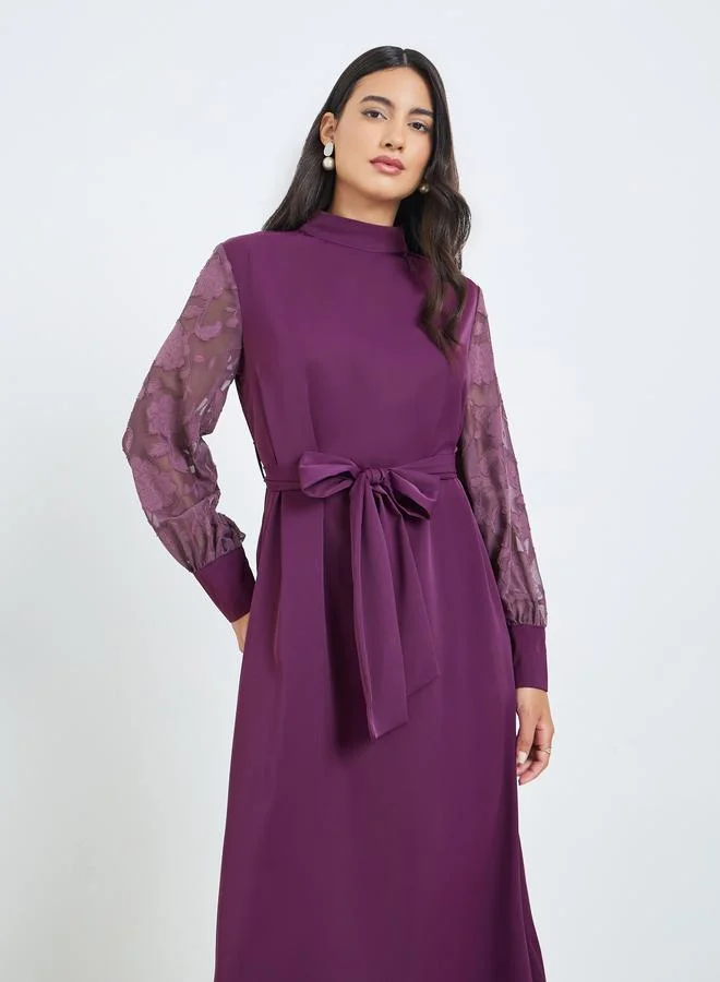 Styli Purple Cuffed Sleeves A-Line Maxi Dress