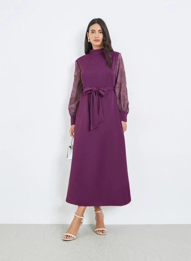 Styli Purple Cuffed Sleeves A-Line Maxi Dress