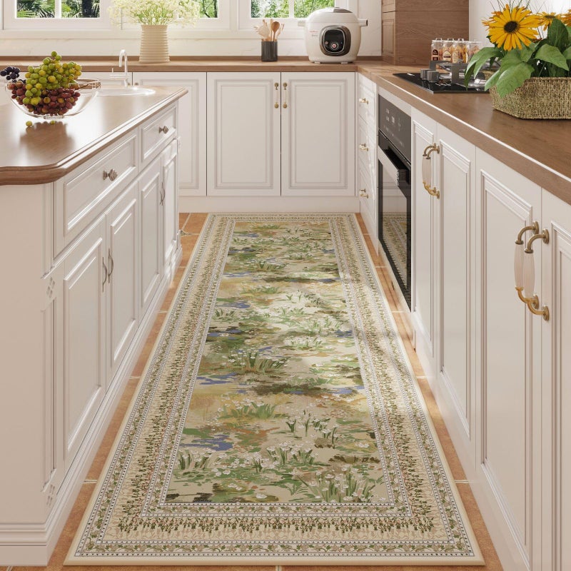 Rugcomf Runner Rug Impressionist-Style Vintage Kitchen Rugs Non Slip Washable Soft Carpet Runner for Kitchen Laundry Bedroom Bathroom, Beige - Image 1