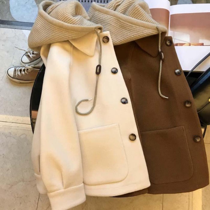 plus size High-grade Knitted Hooded Fake Two-piece Thickened Top chubby girl Autumn and Winter New fleece-lined Woolen Jacket for Women Apricot - Image 1