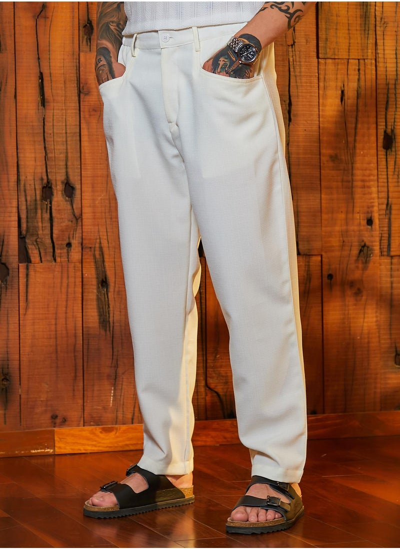 Campus Sutra Men's Chalk White Straight Linen-Blend Trousers  - Image 1