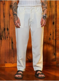 Campus Sutra Men's Chalk White Straight Linen-Blend Trousers  - Image 2