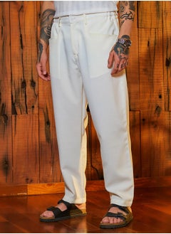 Campus Sutra Men's Chalk White Straight Linen-Blend Trousers  - Image 3