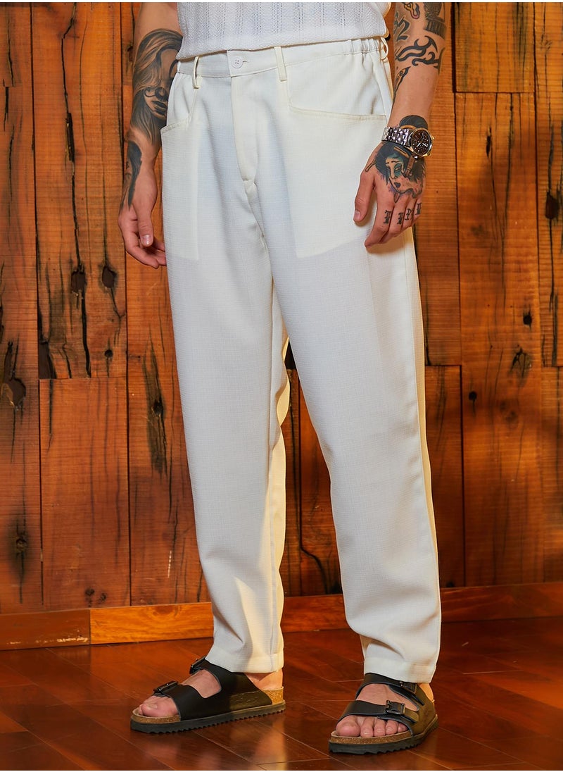 Campus Sutra Men's Chalk White Straight Linen-Blend Trousers  - Image 3