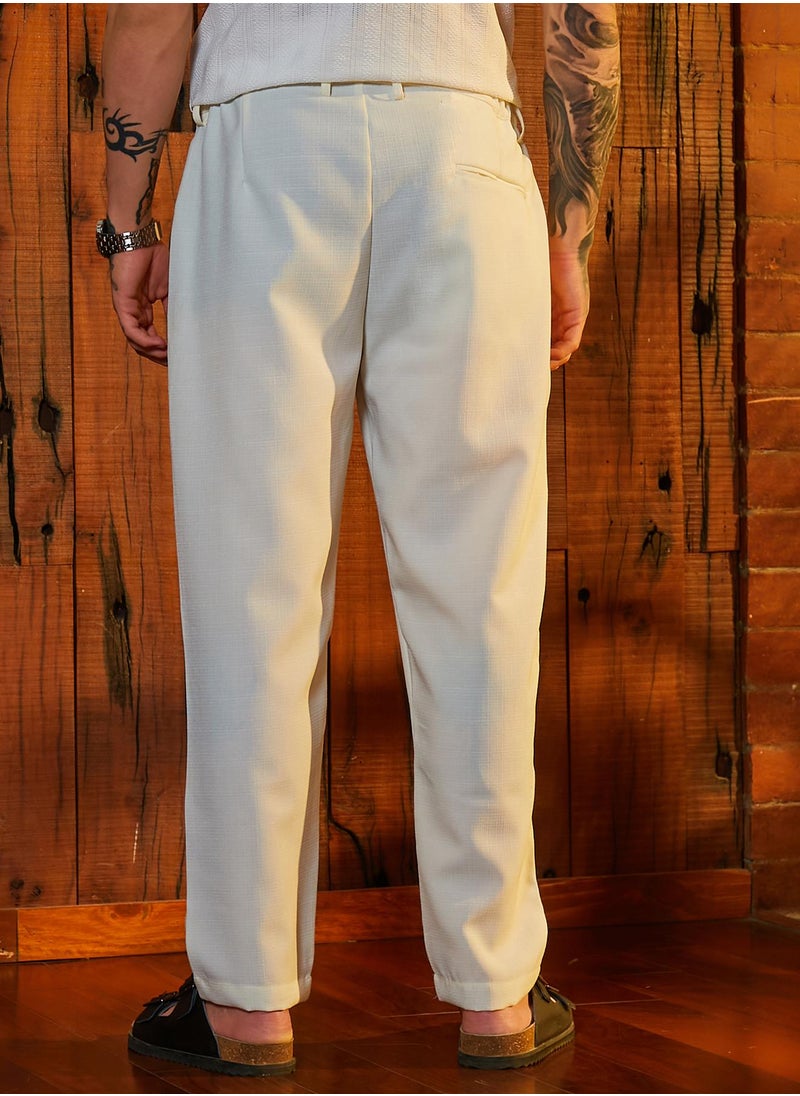Campus Sutra Men's Chalk White Straight Linen-Blend Trousers  - Image 5