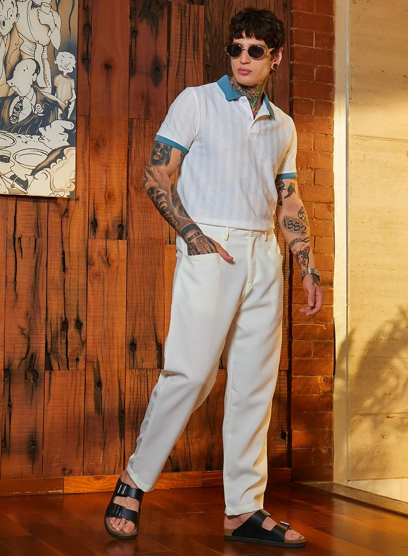 Campus Sutra Men's Chalk White Straight Linen-Blend Trousers