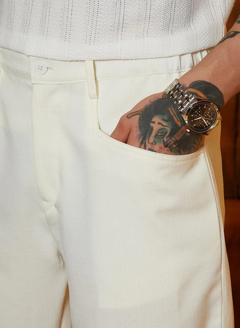 Campus Sutra Men's Chalk White Straight Linen-Blend Trousers