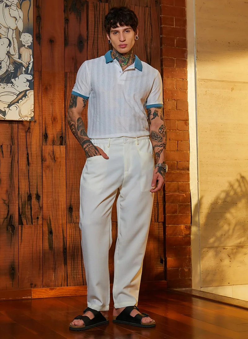 Campus Sutra Men's Chalk White Straight Linen-Blend Trousers