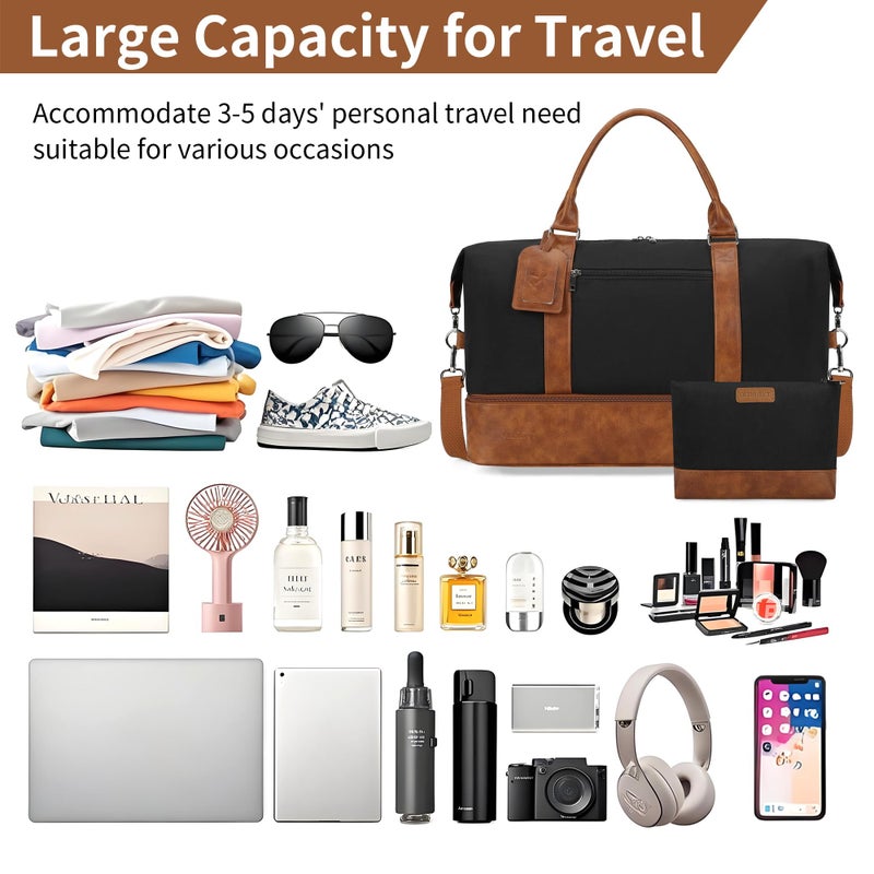 Oeihuivt Weekender Bags for Women - 21 Inch Large Travel Duffel Bag 2-Piece Set with Shoe Compartment, Heavy-Duty Canvas & Leather Carry On Overnight Tote (Airplane Approved) - Image 3