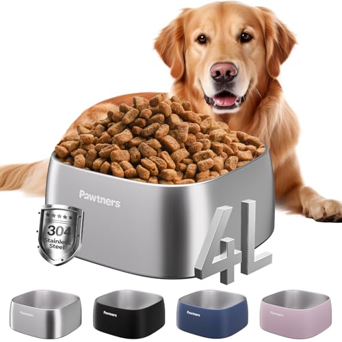 Pawtners 4L Large Stainless Steel Dog Bowls, Dog Water and Food Bowl for Large Breed Dogs with Non-Slip Base, Metal Pet Bowls Easy to Clean, Indoor Outdoor Use, 135oz, Silver - Image 1