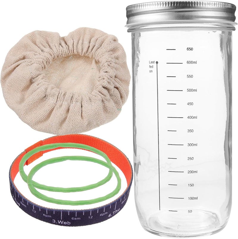 Sourdough Starter Glass Jar 730ml Sealed Container with Lid and Cloth Cover, Graduated Measurement, Fermenting Food Storage for Home Baking and Kitchen Organization - Image 1