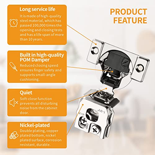 Chibery 10 Pack 1-1/4" 4D Overlay Soft Close Concealed Hinges for Face Frame Door, Control Closing Speed, Smooth Slow Self Close Hinges, Satin Nickel, 105° Open Angle Stainless Steel Cabinet Hinges - Image 5