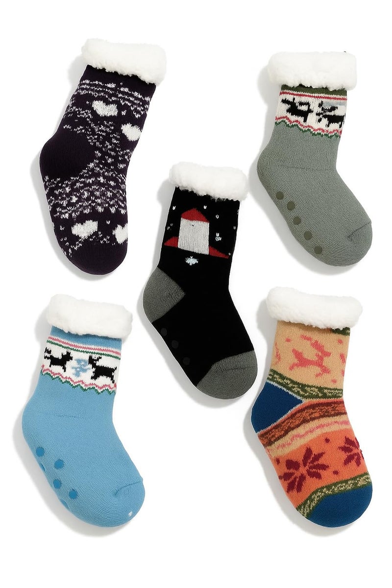 CLUZE Kids Winter Anti-Skid Socks with Sherpa Lining, Warm Fleece Cuff, Cute Designs – Boys & Girls Age 5–7 Years (Pack of 2/4/6) (IN, Age, 5 Years, 7 Years, 6, Multicolor) - Image 1