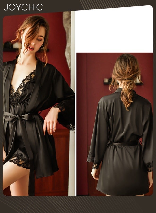 NIBEMINENT طقم بيجاما نسائي من الساتان الحريري مع تطريز ودانتيل، بياقة عميقة على شكل V، بدون ظهر، فستان نوم مع حمالات، روب نوم للنساء لجميع الفصول، مقاس واحد، أسود - Image 1