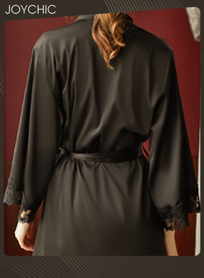 NIBEMINENT طقم بيجاما نسائي من الساتان الحريري مع تطريز ودانتيل، بياقة عميقة على شكل V، بدون ظهر، فستان نوم مع حمالات، روب نوم للنساء لجميع الفصول، مقاس واحد، أسود - Image 3