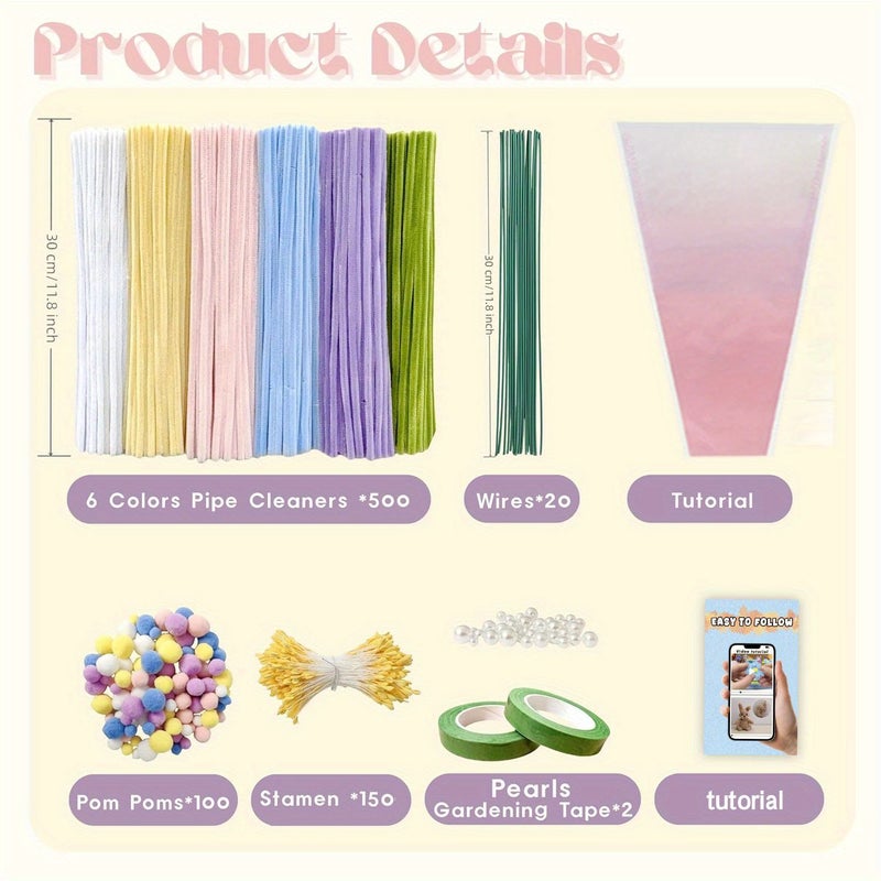 874 Pcs Green Pipe Cleaners Kit With Step By Step Video For Flower Bouquet Crafts - Image 3
