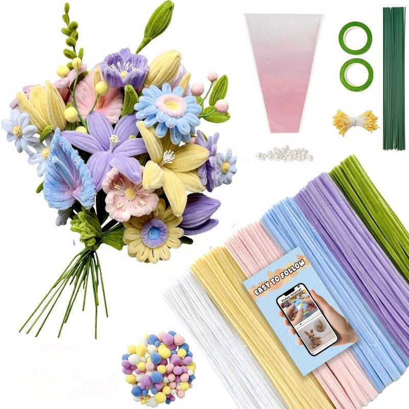 874 Pcs Green Pipe Cleaners Kit With Step By Step Video For Flower Bouquet Crafts - Image 1