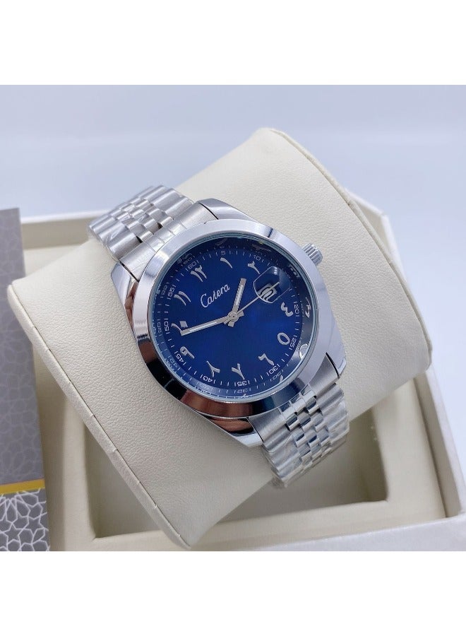 كاتيرا ساعة يد رجالية ضد الماء و بجودة عالية ستيل, مستوحاة من ساعات روليكس الشهيرة - سوار فضي مع ميناء أزرق