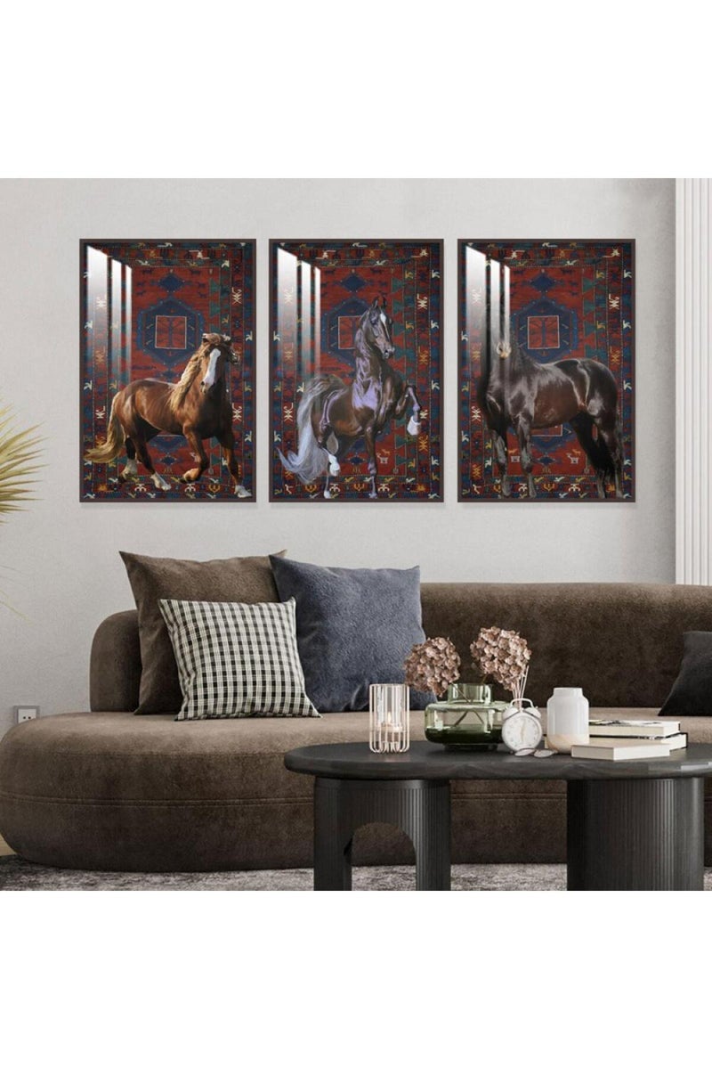 Marktna Three wooden wall painting with a horse design, with a frame and a clear acrylic layer. - Image 1