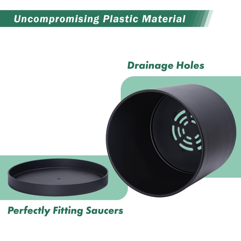 D'vine Dev 4 Pack 6 Inch Modern Plastic Plant Pots, Small Garden Planters for Plant with Drainage Holes and Saucers, Black Color, 74-Y-J-2 - Image 4