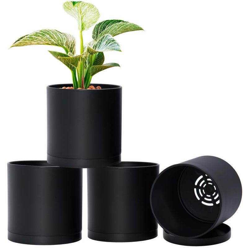 D'vine Dev 4 Pack 6 Inch Modern Plastic Plant Pots, Small Garden Planters for Plant with Drainage Holes and Saucers, Black Color, 74-Y-J-2 - Image 1