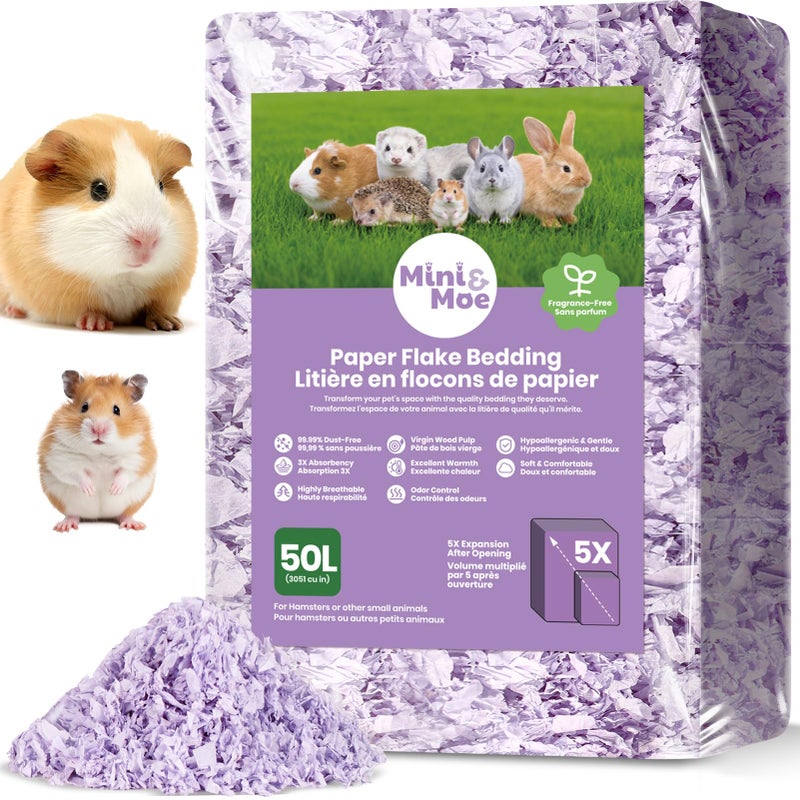 mini&moe Guinea Pig Bedding 50L: Dust-Free and Odor Control Moisture Absorbent Unscented Natural Paper Small Pet Bedding - for Hamsters,Guinea Pig, Chinchilla,Rabbits,Rat,Ferret, and Gerbil, 50 Liters - Image 1