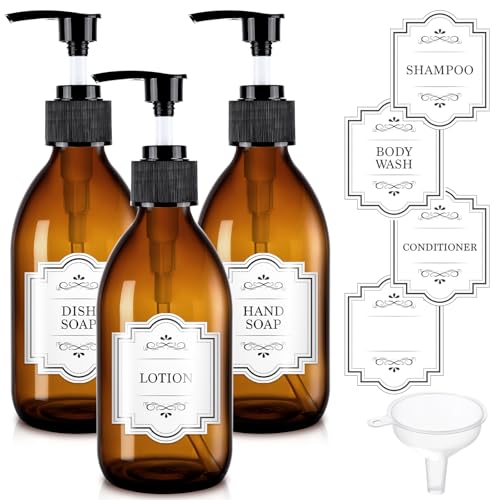 Homepicker 8 oz Amber Glass Soap Dispenser, 250ml Glass Pump Bottle for Body Lotion Massage Oil, Refillable Empty Hand and Dish Soap Dispensers Set with Labels - 3 Pack - Image 1