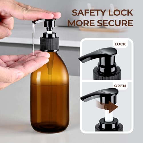 Homepicker 8 oz Amber Glass Soap Dispenser, 250ml Glass Pump Bottle for Body Lotion Massage Oil, Refillable Empty Hand and Dish Soap Dispensers Set with Labels - 3 Pack - Image 2