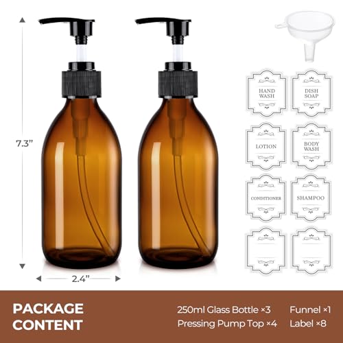 Homepicker 8 oz Amber Glass Soap Dispenser, 250ml Glass Pump Bottle for Body Lotion Massage Oil, Refillable Empty Hand and Dish Soap Dispensers Set with Labels - 3 Pack - Image 3