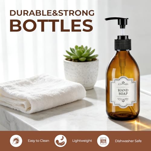 Homepicker 8 oz Amber Glass Soap Dispenser, 250ml Glass Pump Bottle for Body Lotion Massage Oil, Refillable Empty Hand and Dish Soap Dispensers Set with Labels - 3 Pack - Image 4