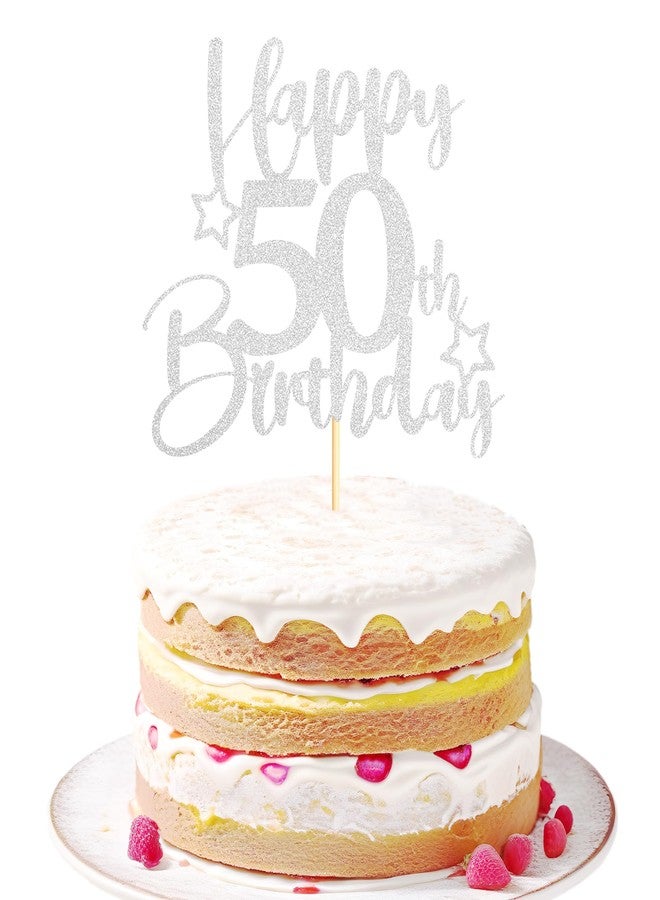 Sotpot 1 Pack 50th Birthday Cake Topper Double-sided Silver Glitter Cake Topper with Star Pattern Cake Decoration for Happy 50th Birthday Party Cake Decorations - Image 1