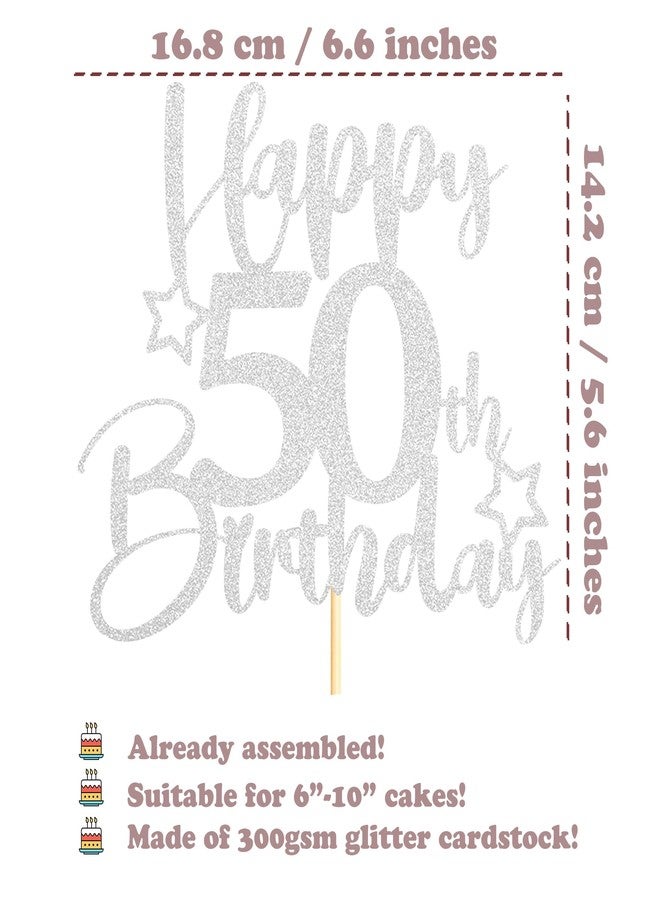 Sotpot 1 Pack 50th Birthday Cake Topper Double-sided Silver Glitter Cake Topper with Star Pattern Cake Decoration for Happy 50th Birthday Party Cake Decorations - Image 3