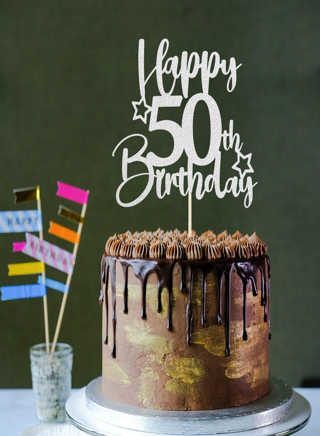 Sotpot 1 Pack 50th Birthday Cake Topper Double-sided Silver Glitter Cake Topper with Star Pattern Cake Decoration for Happy 50th Birthday Party Cake Decorations - Image 5