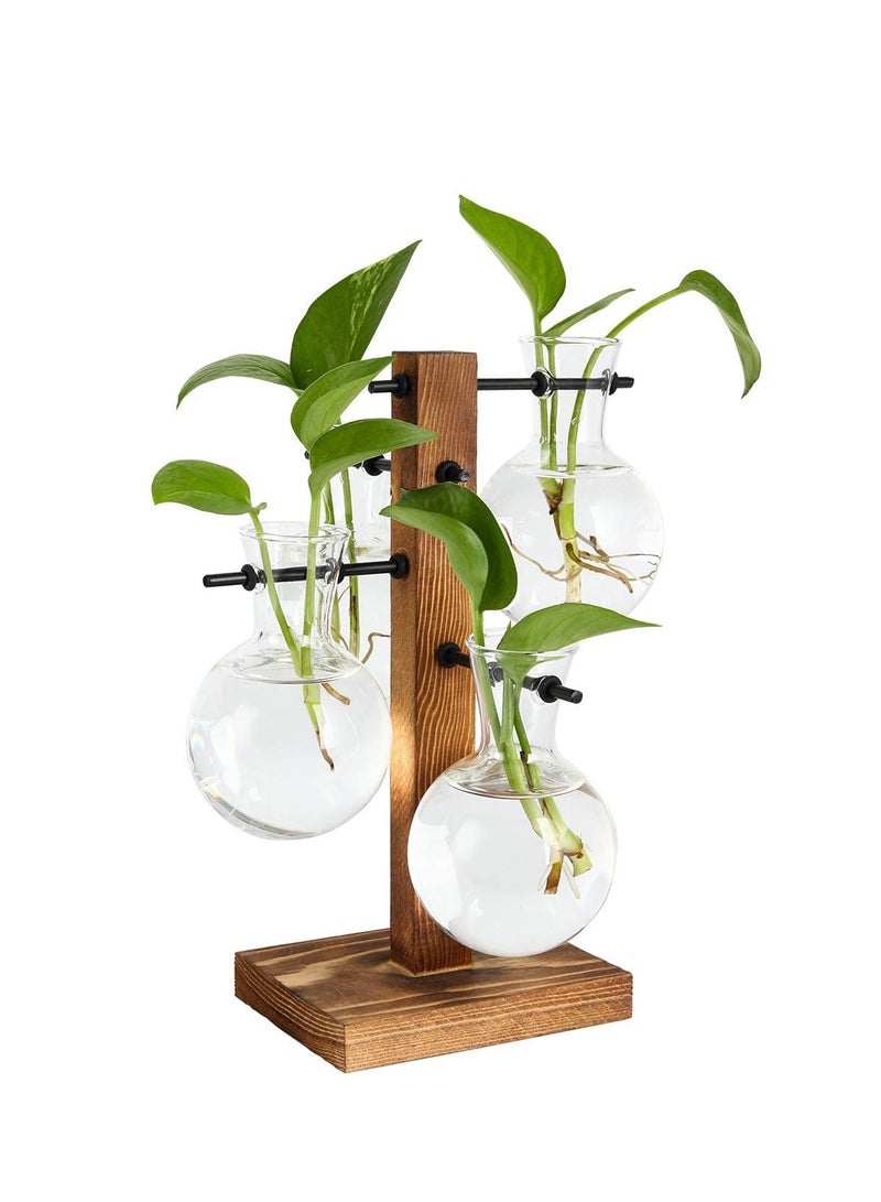 Desktop Glass Flower Pot Vase with Retro Solid Wood Small Bench Frame for Hydroponic Plant Family Garden Wedding Decoration (4 Bulbs Vase)  - Image 1