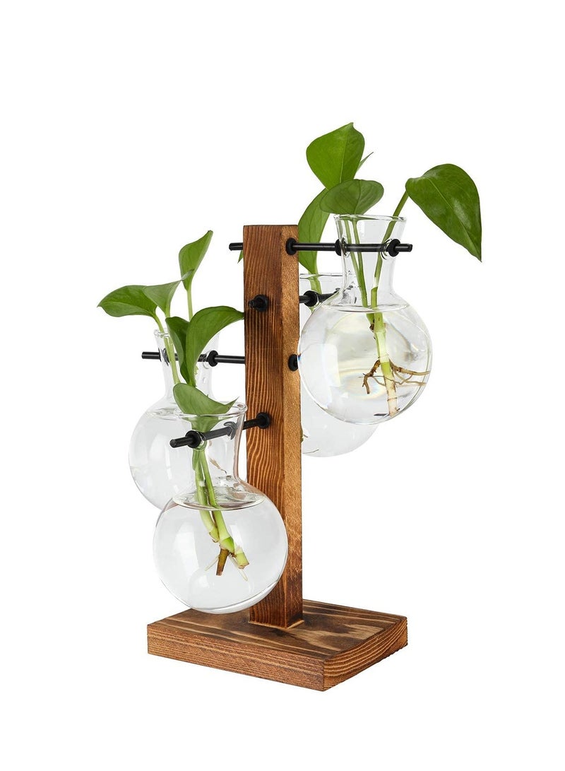 Desktop Glass Flower Pot Vase with Retro Solid Wood Small Bench Frame for Hydroponic Plant Family Garden Wedding Decoration (4 Bulbs Vase)  - Image 3