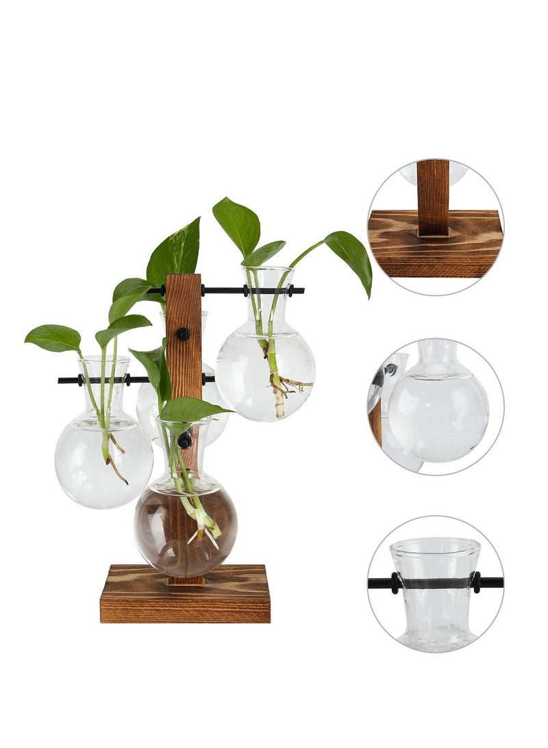 Desktop Glass Flower Pot Vase with Retro Solid Wood Small Bench Frame for Hydroponic Plant Family Garden Wedding Decoration (4 Bulbs Vase)  - Image 2
