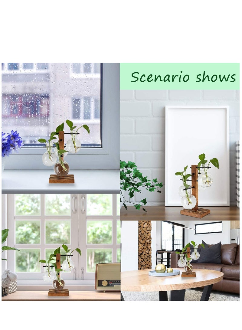 Desktop Glass Flower Pot Vase with Retro Solid Wood Small Bench Frame for Hydroponic Plant Family Garden Wedding Decoration (4 Bulbs Vase)  - Image 4