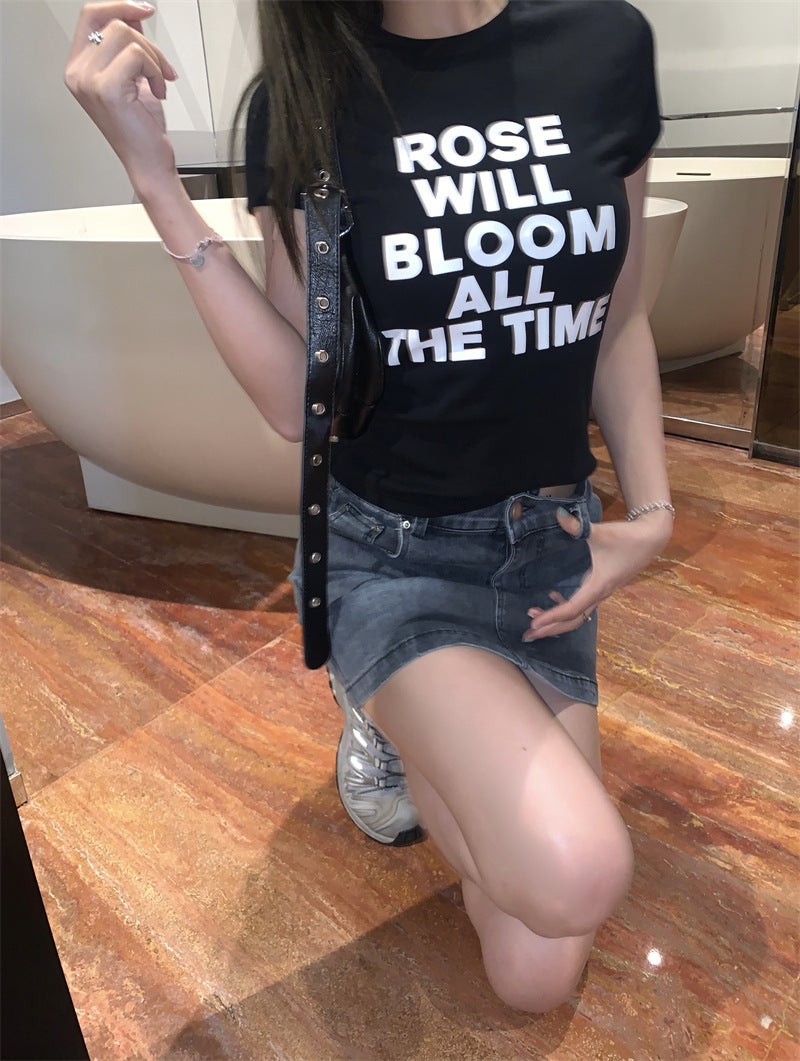 American Retro White Letter Printed Short-Sleeved T-Shirt For Women In Summer Sweet Tie Slim Short Navel-Baring Tops Trendy - Image 1