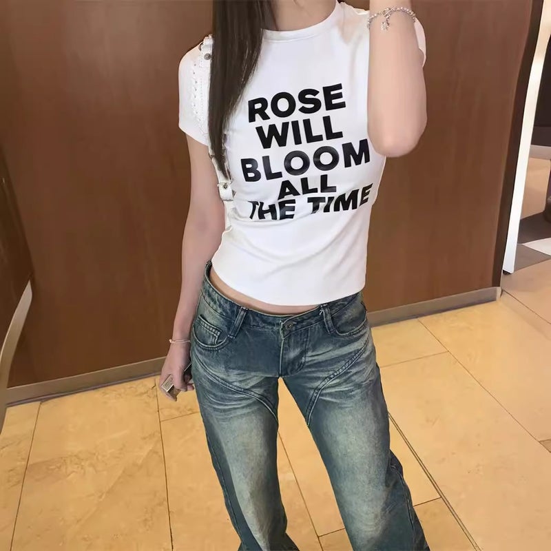 American Retro White Letter Printed Short-Sleeved T-Shirt For Women In Summer Sweet Tie Slim Short Navel-Baring Tops Trendy - Image 4