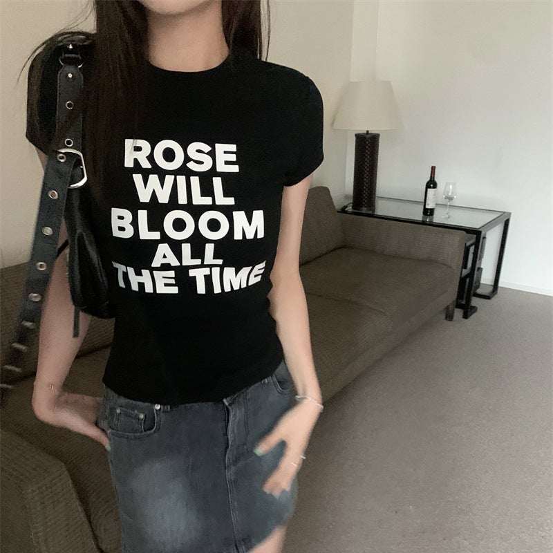 American Retro White Letter Printed Short-Sleeved T-Shirt For Women In Summer Sweet Tie Slim Short Navel-Baring Tops Trendy - Image 5