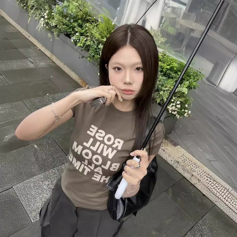 American Retro White Letter Printed Short-Sleeved T-Shirt For Women In Summer Sweet Tie Slim Short Navel-Baring Tops Trendy - Image 2