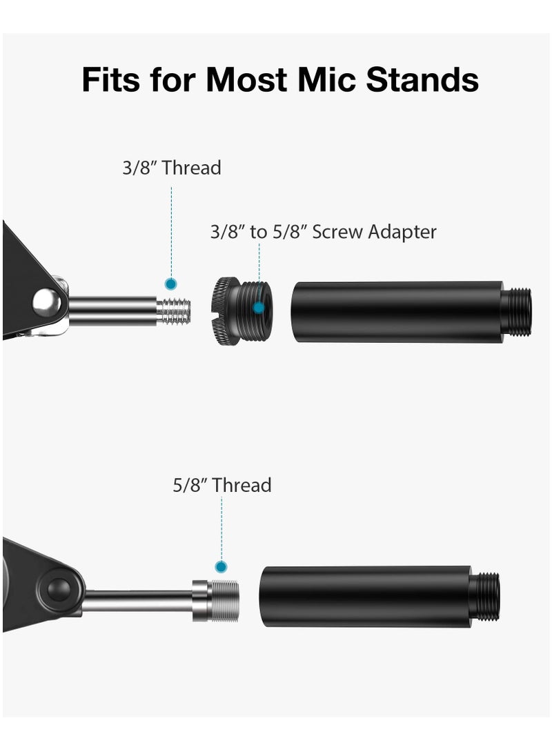 Mic Stand Extension Tube, 2 Pieces 5/8" Thread Microphone Extension Pipe, Mic Extender with 2 Pcs 3/8" to 5/8" Metal Adapter for Desk Mic Boom Arm Stand, Compatible with Shure SM7B, MV7, Blue Yeti