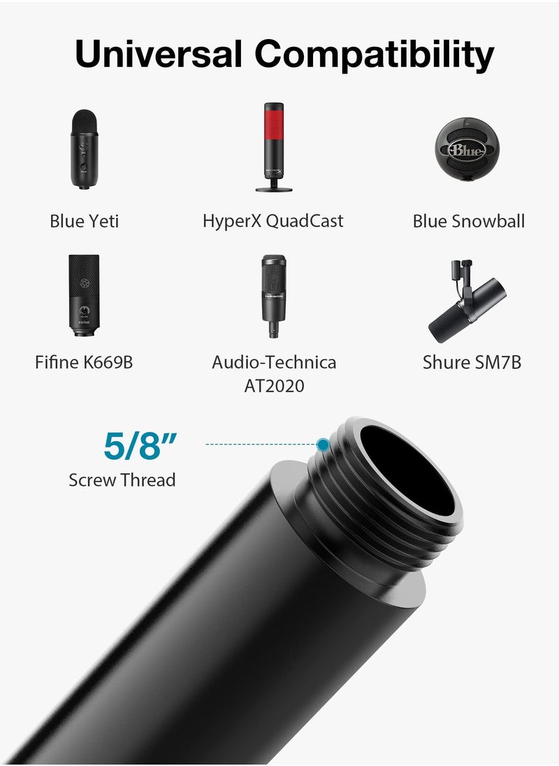 Mic Stand Extension Tube, 2 Pieces 5/8" Thread Microphone Extension Pipe, Mic Extender with 2 Pcs 3/8" to 5/8" Metal Adapter for Desk Mic Boom Arm Stand, Compatible with Shure SM7B, MV7, Blue Yeti