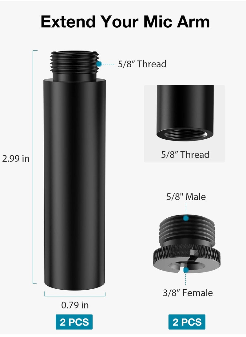 Mic Stand Extension Tube, 2 Pieces 5/8" Thread Microphone Extension Pipe, Mic Extender with 2 Pcs 3/8" to 5/8" Metal Adapter for Desk Mic Boom Arm Stand, Compatible with Shure SM7B, MV7, Blue Yeti