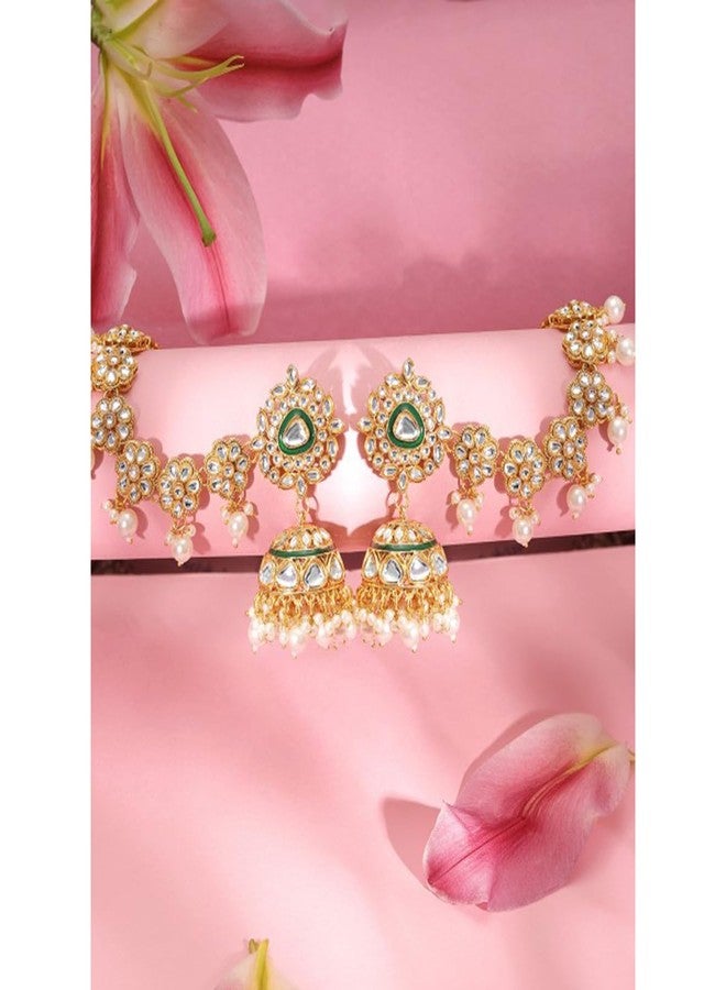 Rubans 22K Gold Plated Handcrafted Traditional Floral Motif Kundan Kan Chain Earrings for Women and Girls with Pearls and Green Enamel Detailing, Perfect for Festive and Wedding Occasions - Image 2